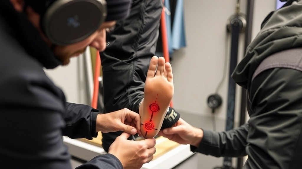 전문 피터가 스키어의 발 모양을 정밀 측정하고 부츠의 압박 지점을 체크하는 모습