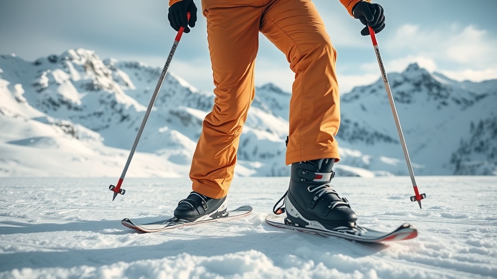 눈 덮인 슬로프에서 스키 부츠를 신고 무릎을 앞으로 굽히며 플렉스 강도를 테스트하는 장면