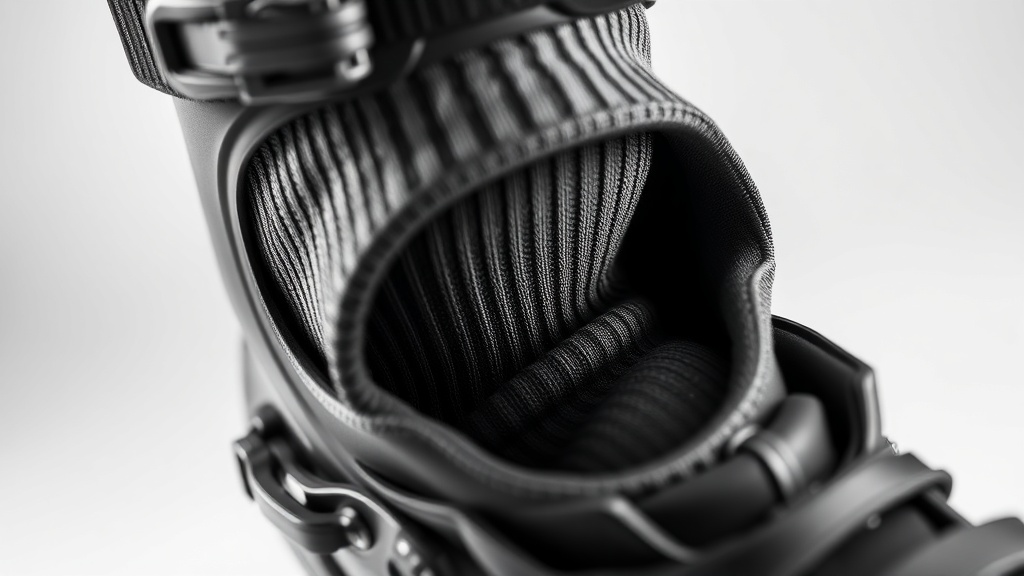 스키 부츠 내부에서 얇은 기능성 양말이 발과 밀착되어 빈틈없는 핏감을 보여주는 모습