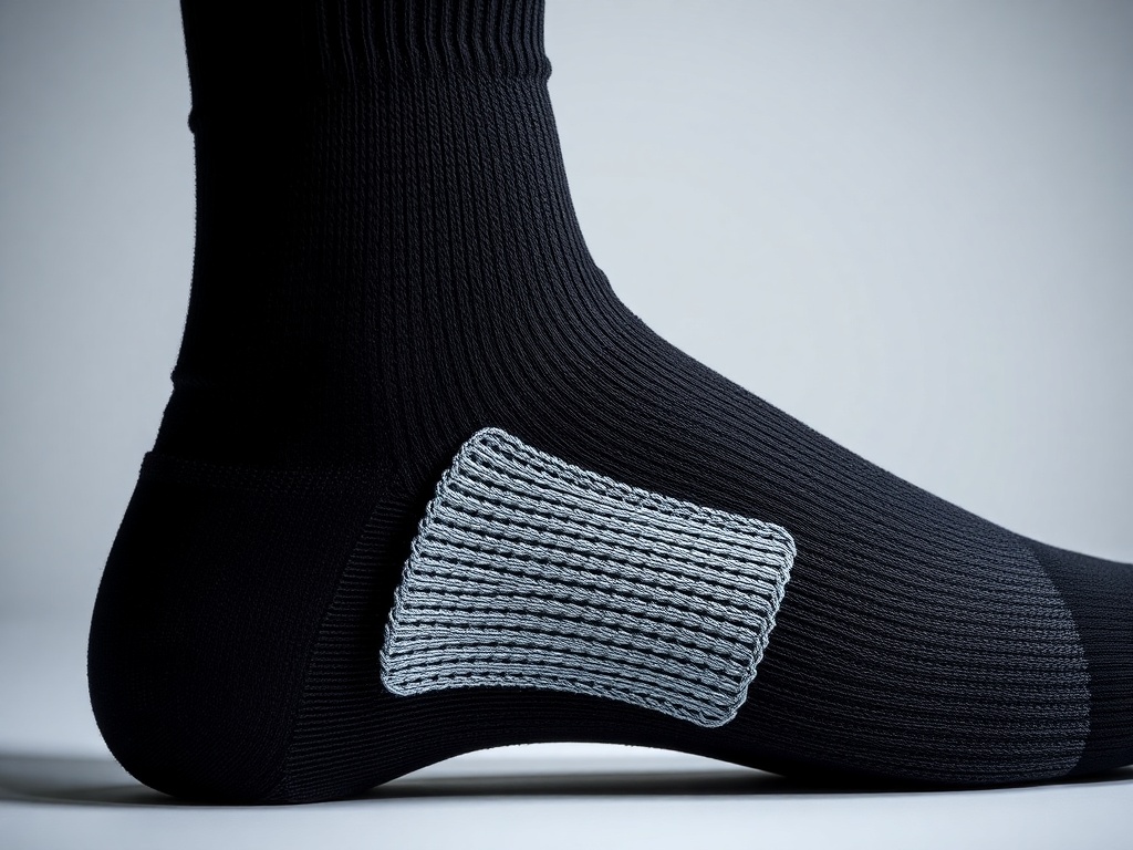 스키 양말의 정강이와 발바닥 부분에 적용된 특수 패딩과 아치 서포트 구조 상세 사진