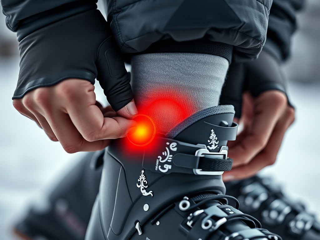 스키 부츠를 착용하고 복숭아뼈 주변의 압박감을 확인하는 스키어의 발목 모습