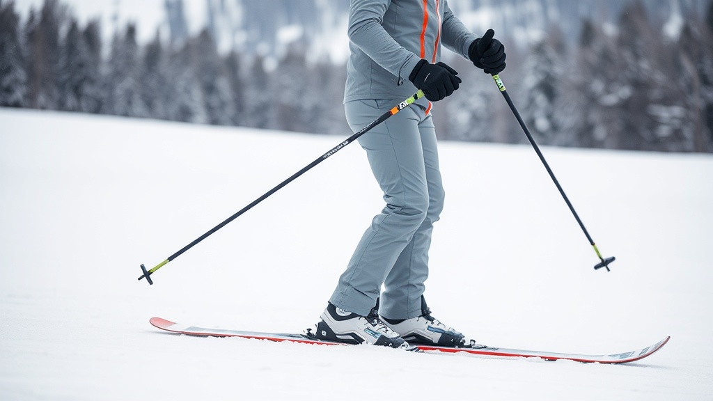 스키어가 부츠를 신고 전경 자세를 취하며 플렉스를 테스트하는 모습